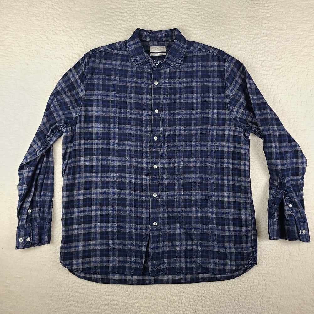 Hickey Freeman Corduroy Shirt Mens 2XL XXL Blue Gray Plaid 120 Years Button Up